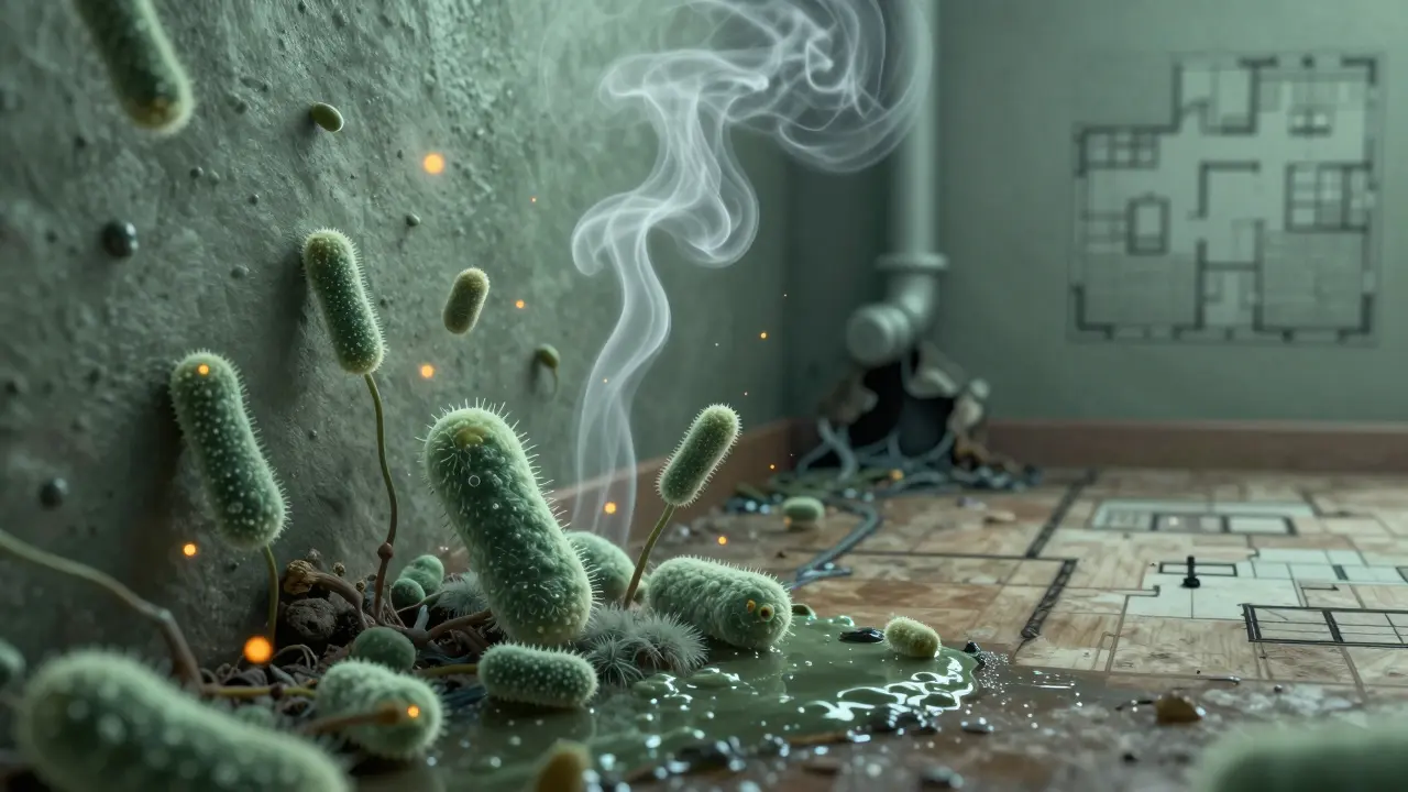 Mikroskopische Ansicht von Schimmelsporen und Geruchsmolekülen, die aus einer nassen Wand aufsteigen.