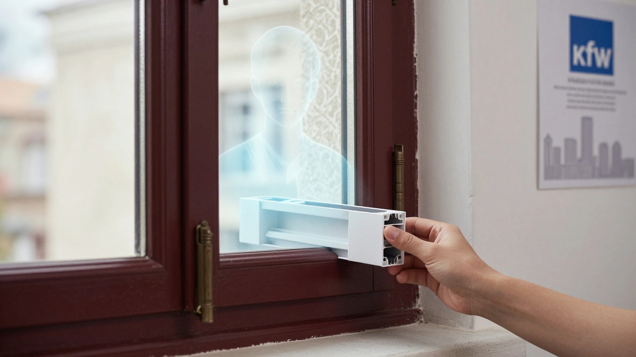 Modernes Fenster wird in historischen Rahmen eingebaut, während das Original als durchscheinende Kontur sichtbar bleibt.