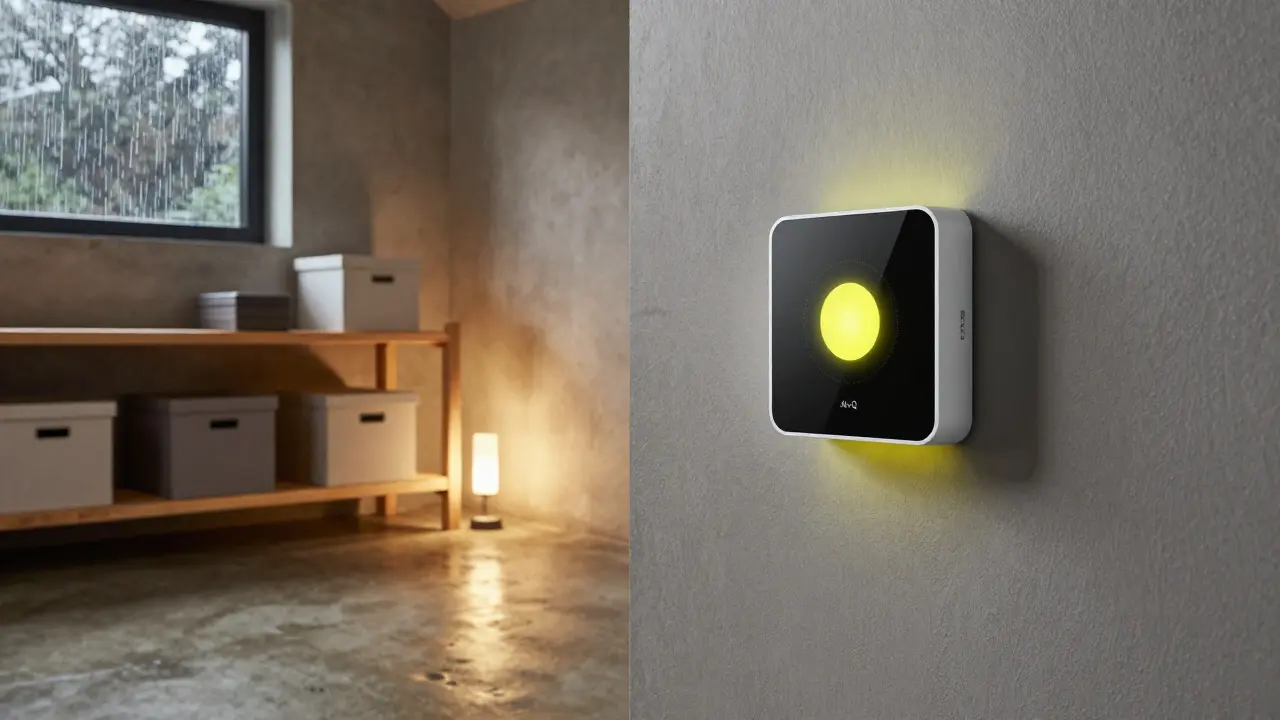 Modernes Smart-Sensor-Gerät an einer trockenen, renovierten Kellerwand mit sanftem Licht.