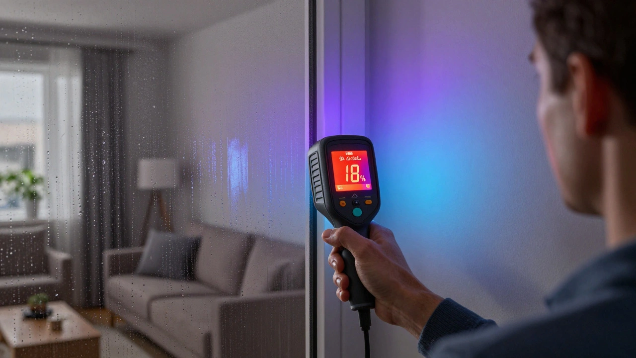 Person mit Wärmebildkamera, die kalte Stellen an einer Wand erkennt, während Kondenswasser auf dem Fenster sichtbar ist