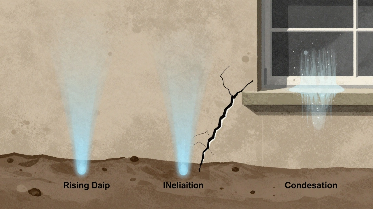 Querschnitt einer Wand mit drei Feuchtigkeitsquellen: aufsteigende Feuchtigkeit, eindringende Feuchtigkeit und Kondensation