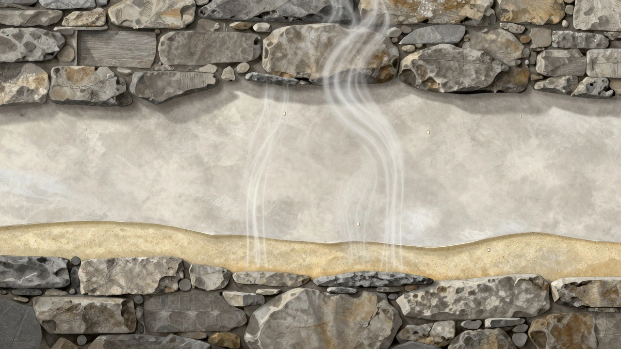 Querschnitt eines historischen Mauerwerks mit atmungsaktiver Dämmung und Kalkputz.