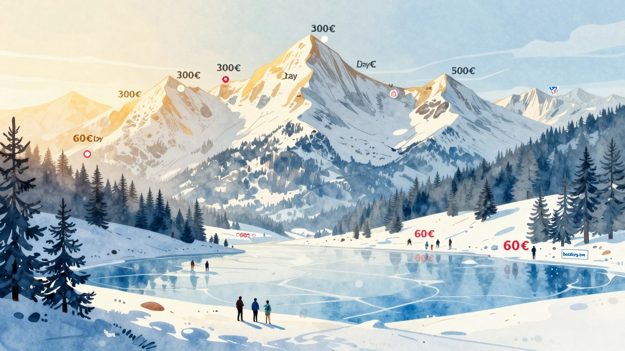 Saisonale Preisgraphik über einer deutschen Landschaft mit Sommerhöhen und Wintertälern in Aquarellstil.