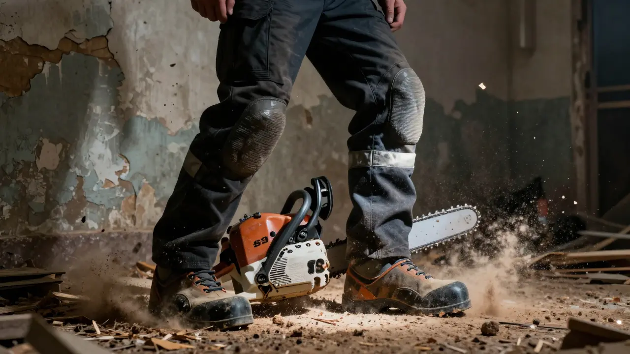 Schnittschutzhose stoppt eine Kettensäge – der Heimwerker steht in staubigem Arbeitsumfeld.