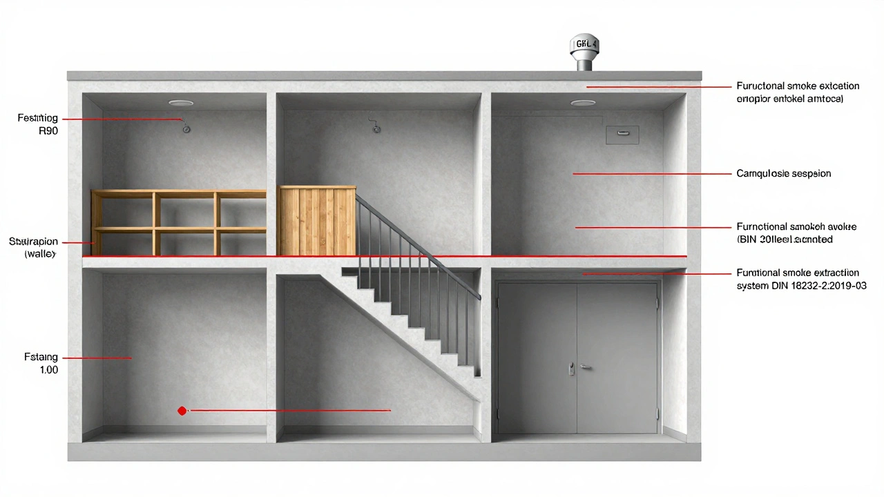 Technische Schnittansicht eines Gebäudes der Gebäudeklasse GKL 4 mit feuerbeständigen Bauteilen und Rauchableitung.