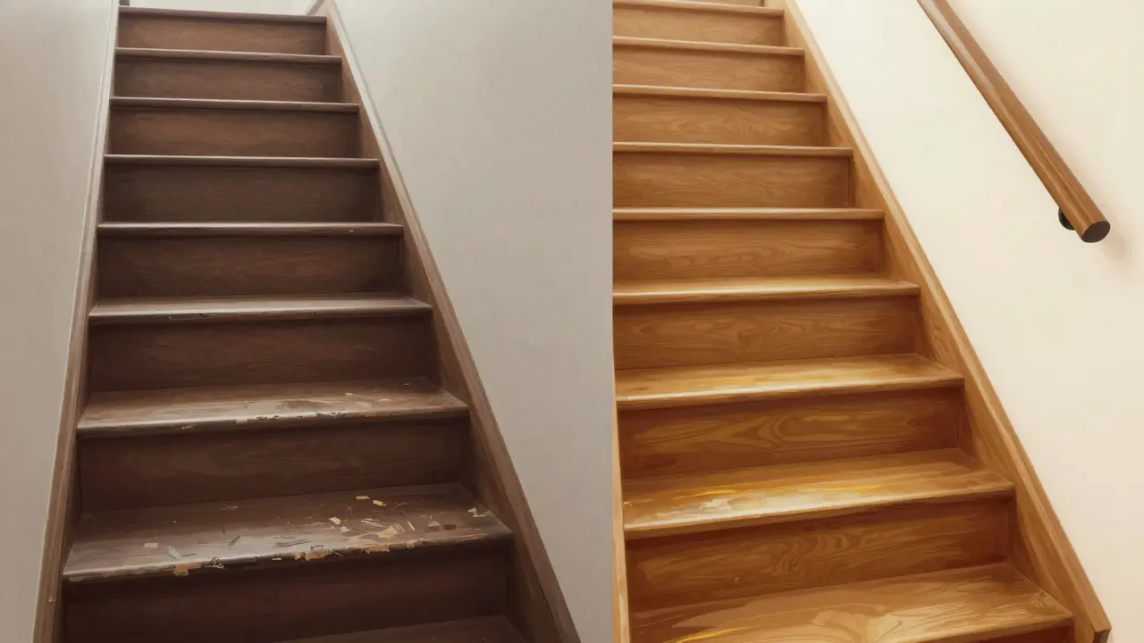 Vergleich einer abgenutzten und neu renovierten Holztreppe: links matt und beschädigt, rechts glänzend und schön.