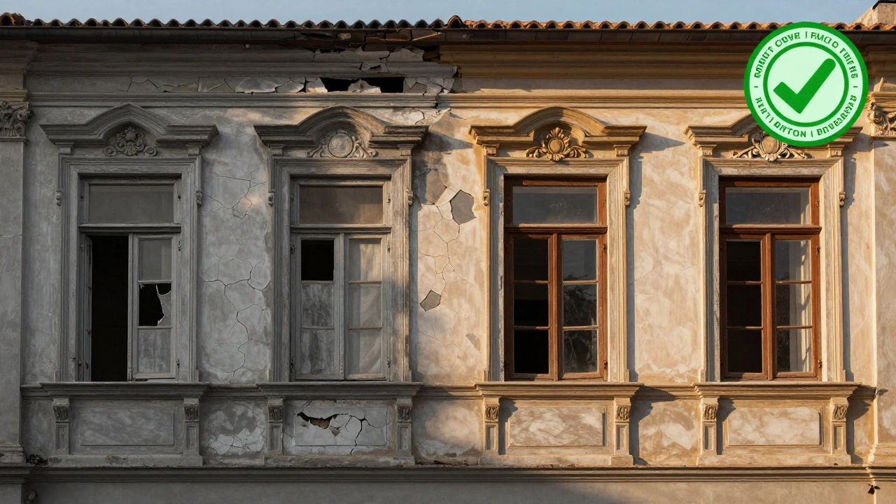 Vergleich einer renovierten und einer verfallenen Fassade eines denkmalgeschützten Hauses mit restaurierten Details.