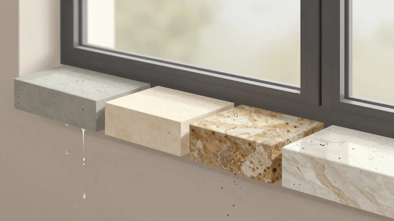 Vergleich von vier Fensterbank-Materialien mit unterschiedlichen Feuchtigkeitsverhalten.