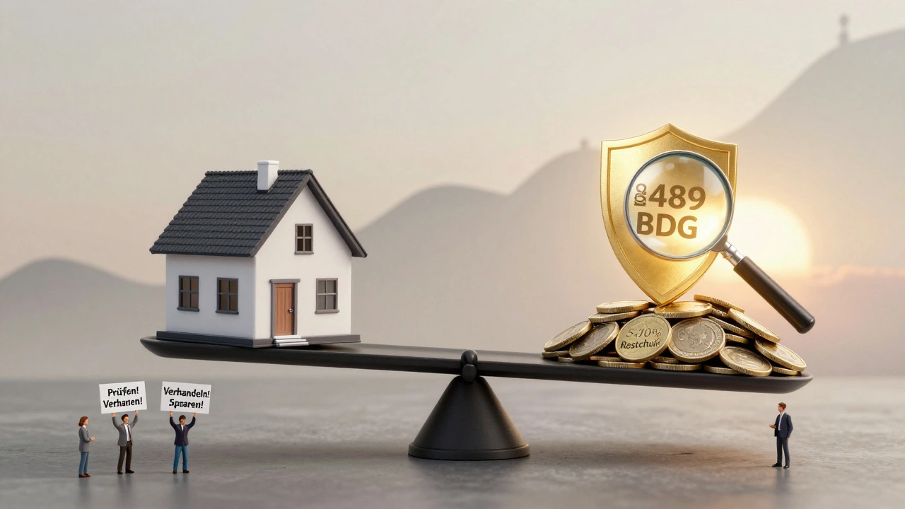 Waage mit Haus und Geldsumme, darüber schützendes Rechtsschild und Hinweise auf §489 BGB.