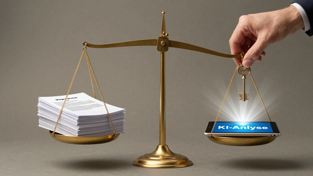 Waage mit rechtlichen Dokumenten und KI-Analyse, symbolisiert faire Mietpreisfindung.