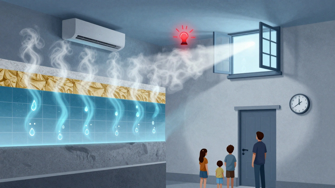 X-Ray-Ansicht eines Hauses mit sichtbarer Feuchtigkeit in Wänden, die durch Entfeuchtung entweicht.