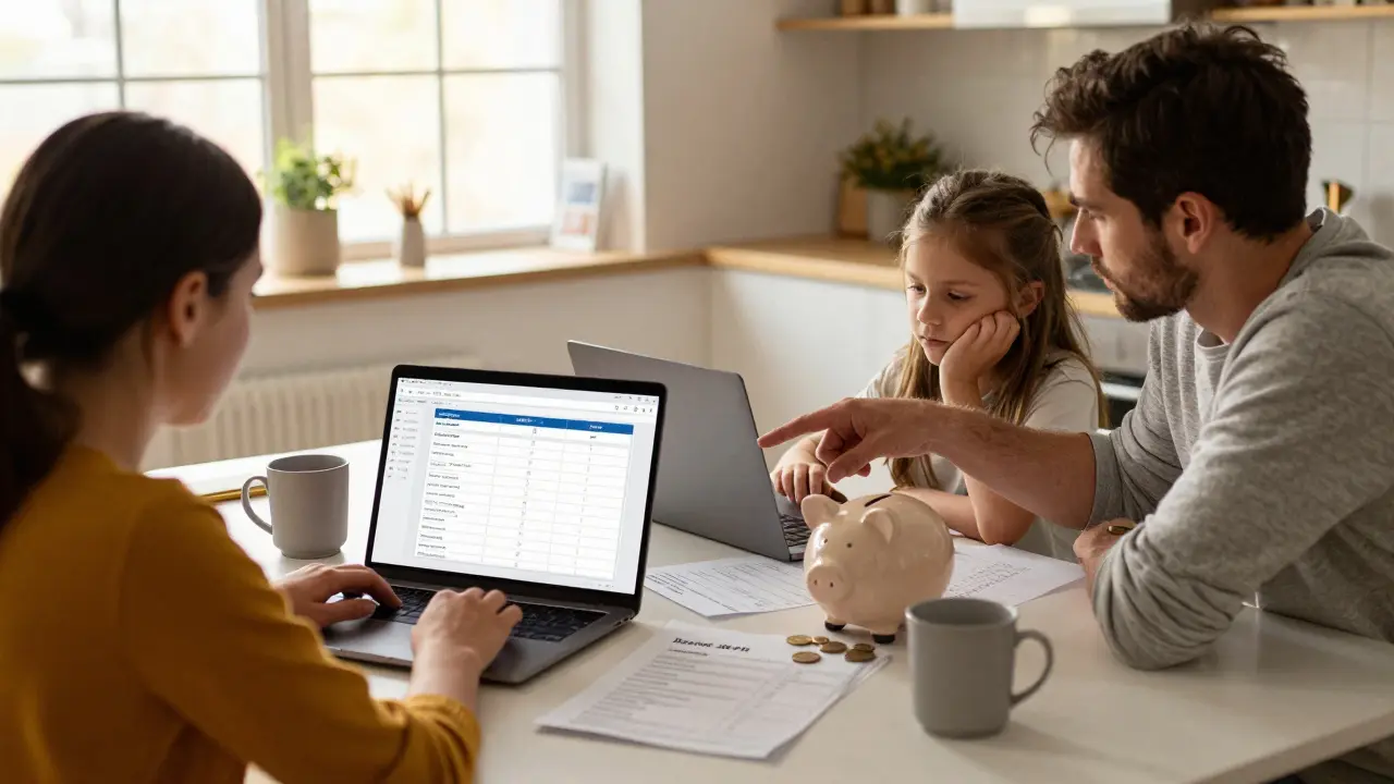 A family reviewing property cost checklists at home with a piggy bank spilling coins on the table.
