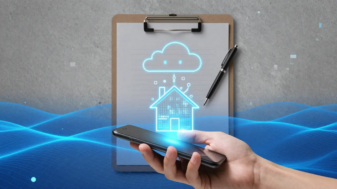 Digitale Unterschrift verwandelt sich in verschlüsselte Daten, während Papierprotokoll verschwindet.