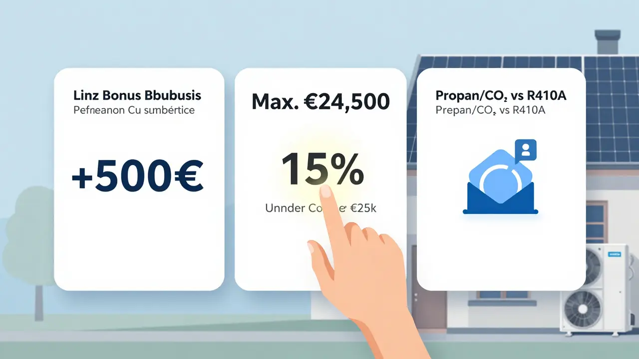 Dreiteilige digitale Schnittstelle mit Förderboni für Region, Einkommen und Kältemittel in stilisierter Form.