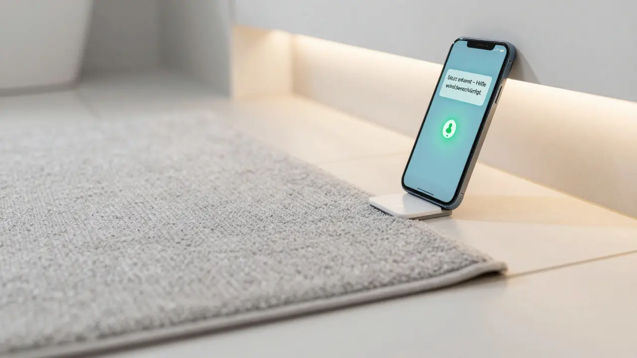 Ein diskreter Sensormat unter einem Badezimmer-Teppich erkennt einen Sturz, ohne Kameras zu verwenden.