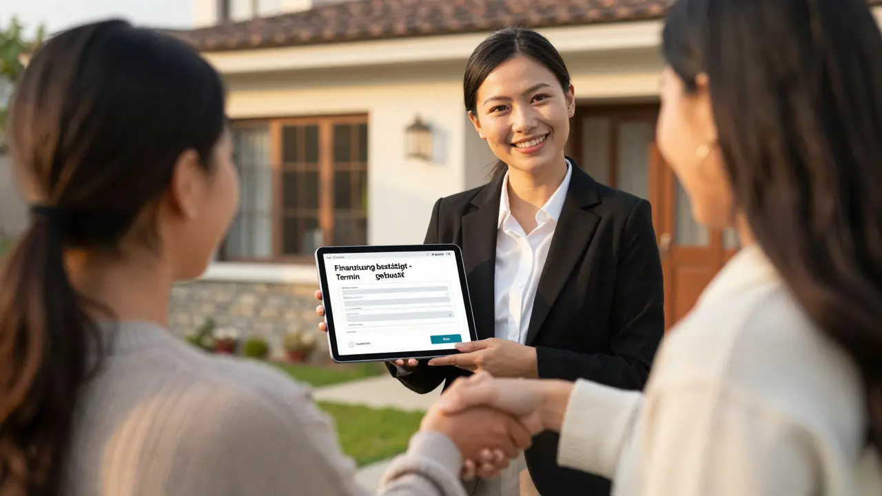 Ein Immobilienverkäufer schüttelt der Hand eines Käufers, der eine Finanzierungszusage hält, vor einem verkauften Haus.