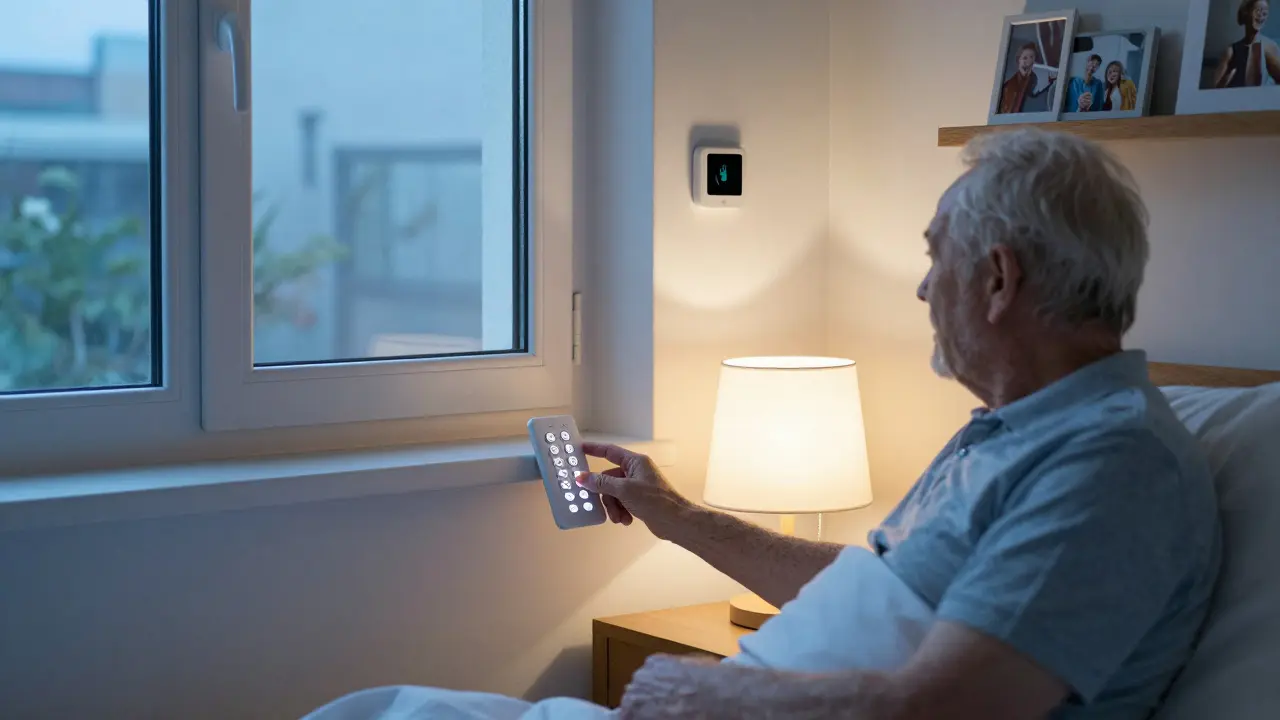 Ein Mann mit Parkinson bedient eine Tastenleiste mit großen Knöpfen, während die Fenster automatisch öffnen.