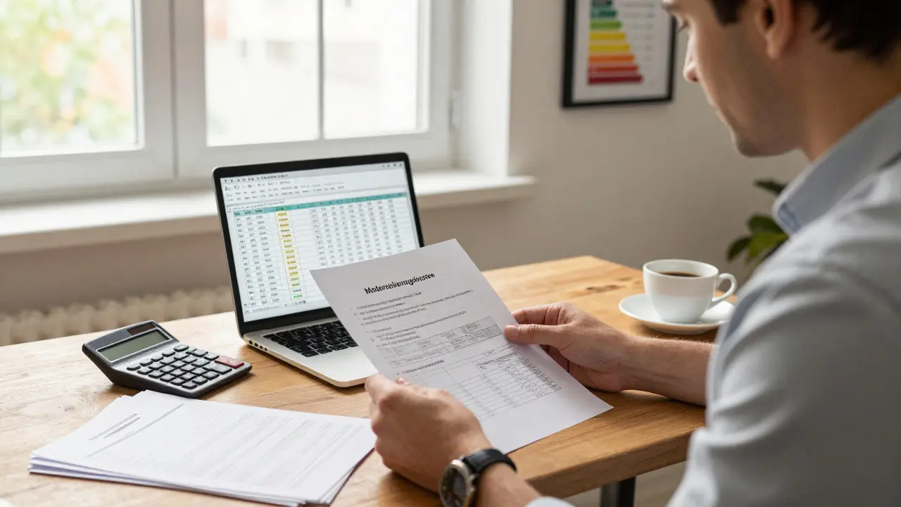 Ein Vermieter prüft detaillierte Kostenunterlagen für eine Modernisierung an einem Schreibtisch mit Berechnungen und Fördermitteldokumenten.