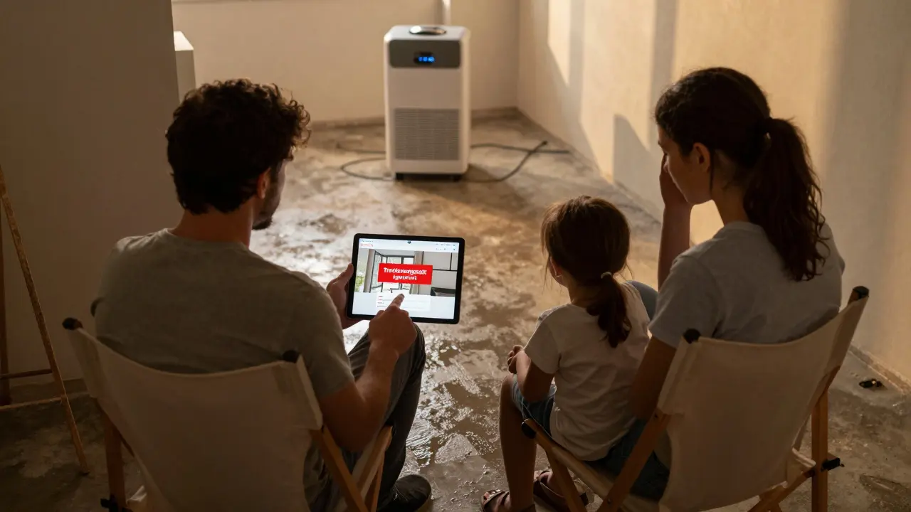 Eine Familie in einer renovierten Wohnung, blickt auf ein Tablet mit Warnung, während der Estrich noch nass ist.