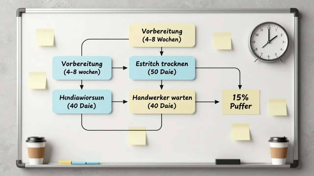 Eine Whiteboard-Zeitplanung mit renovierungsrelevanten Phasen und einem 15%-Puffer, umgeben von Notizen und einer Uhr.