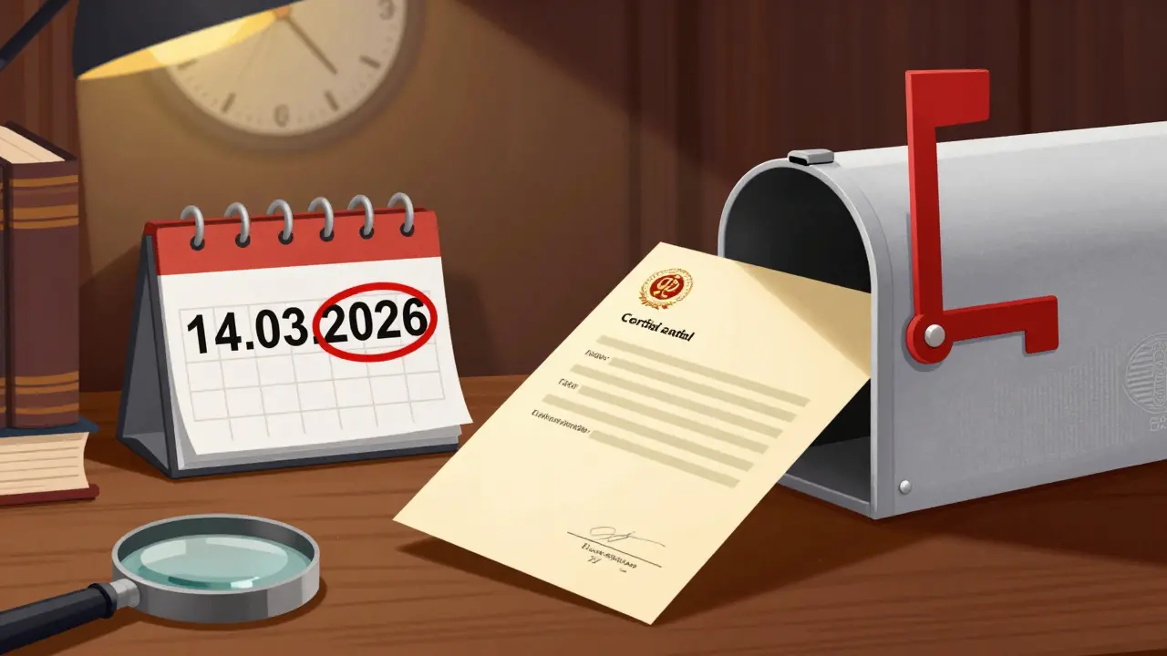 Einschreiben mit Mängelrüge wird in einen Briefkasten gesteckt, Frist läuft ab.