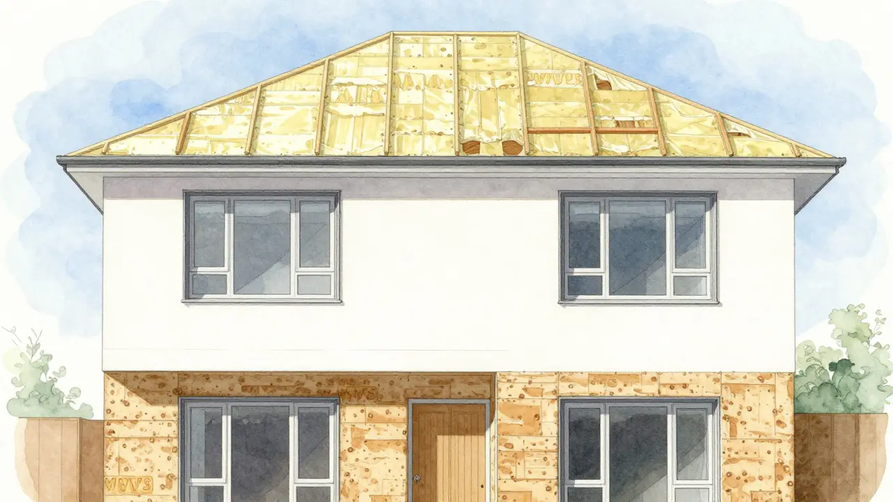 Fassade eines Hauses mit Dachdämmung, neuen Fenstern und Außenwanddämmung in korrekter Renovierungsreihenfolge.