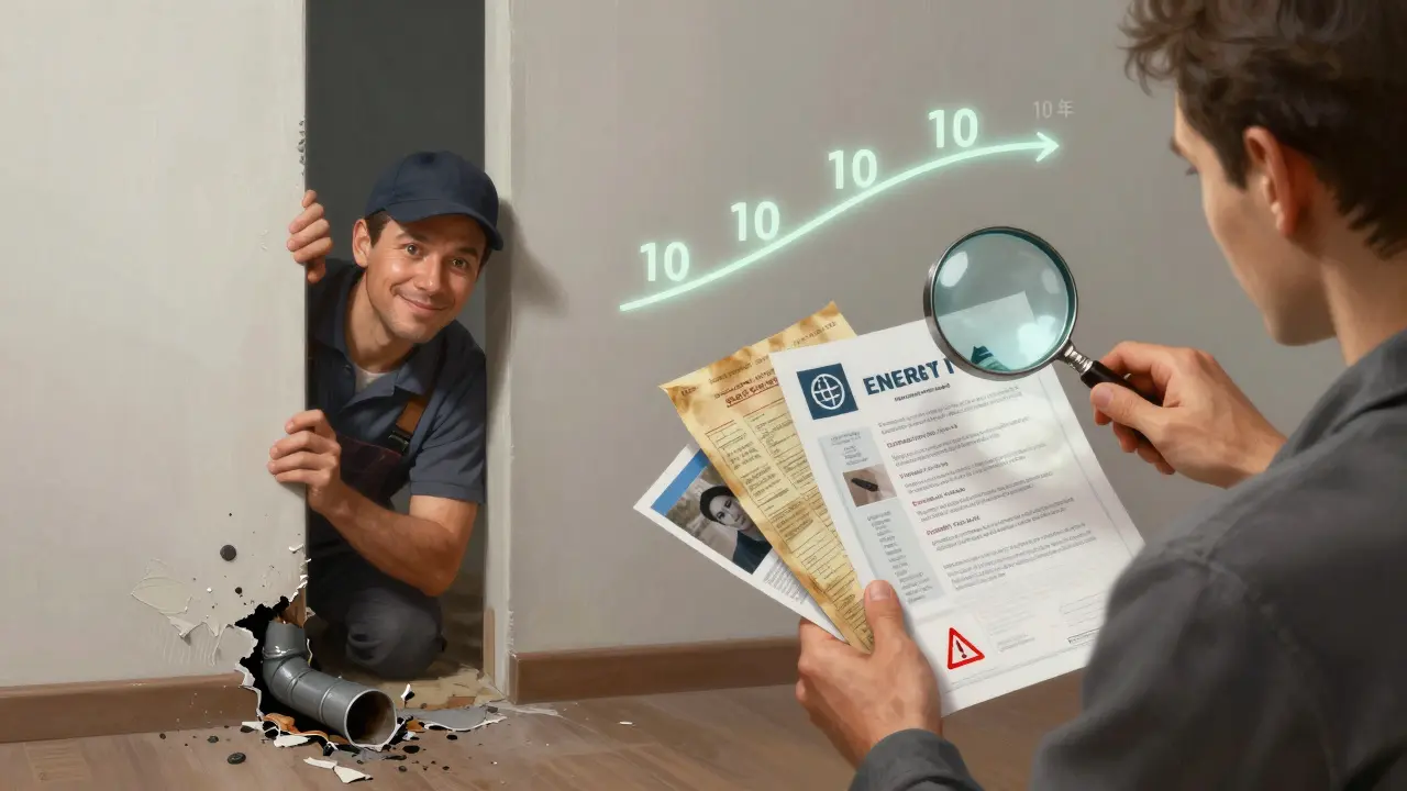 Gespaltenes Bild: Verkäufer versteckt Schaden, Käufer sammelt Beweise für Arglist.