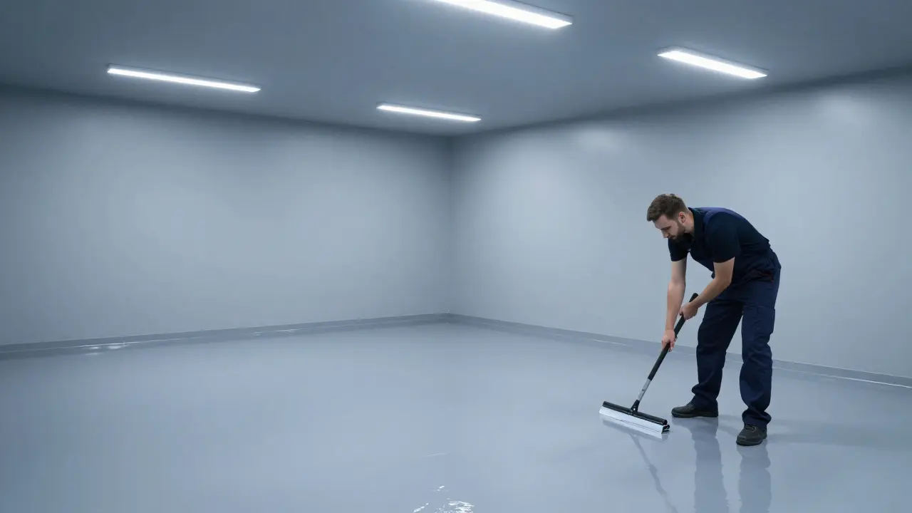 Glatte Epoxidharz-Beschichtung in einem trockenen Keller, reflektierend unter LED-Licht.