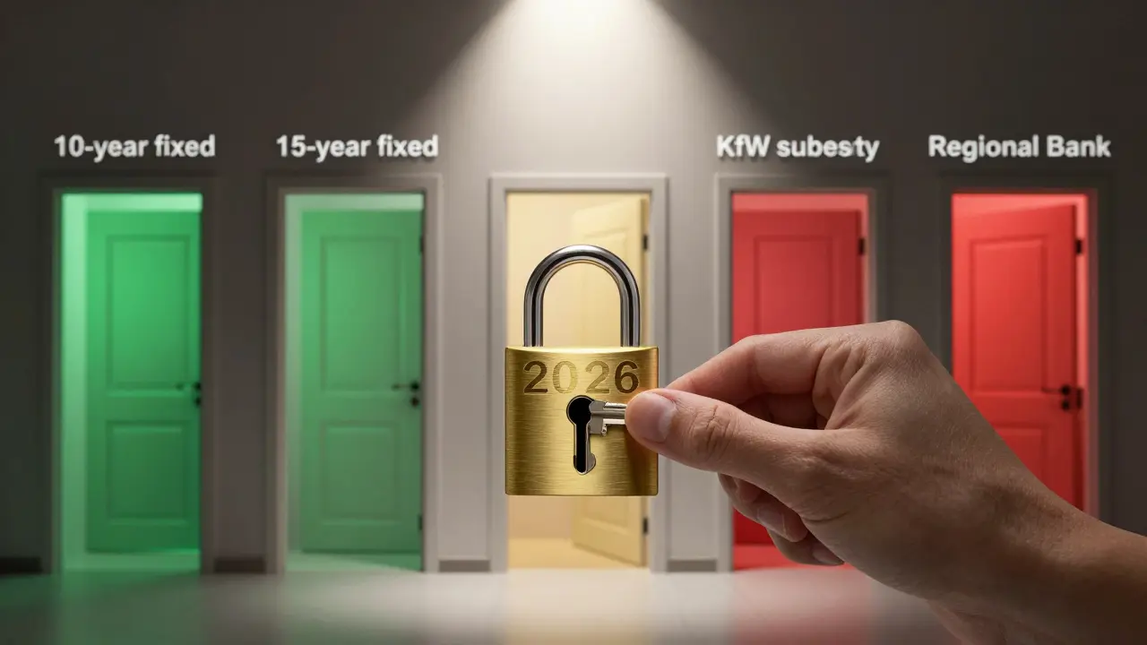 Hand legt Schlüssel in Schloss mit Optionen für Immobilienfinanzierung