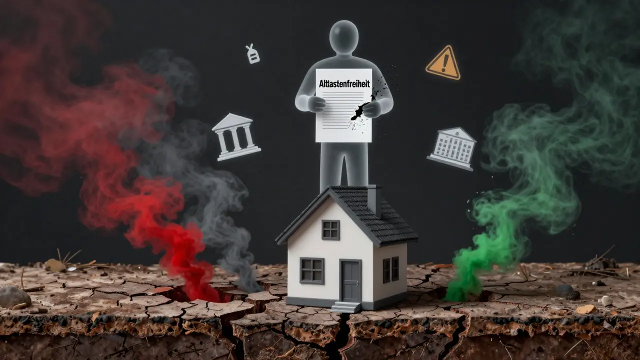 Haus über giftigen Bodenschichten, Vertrag zerfällt, chemische Wolken steigen auf.