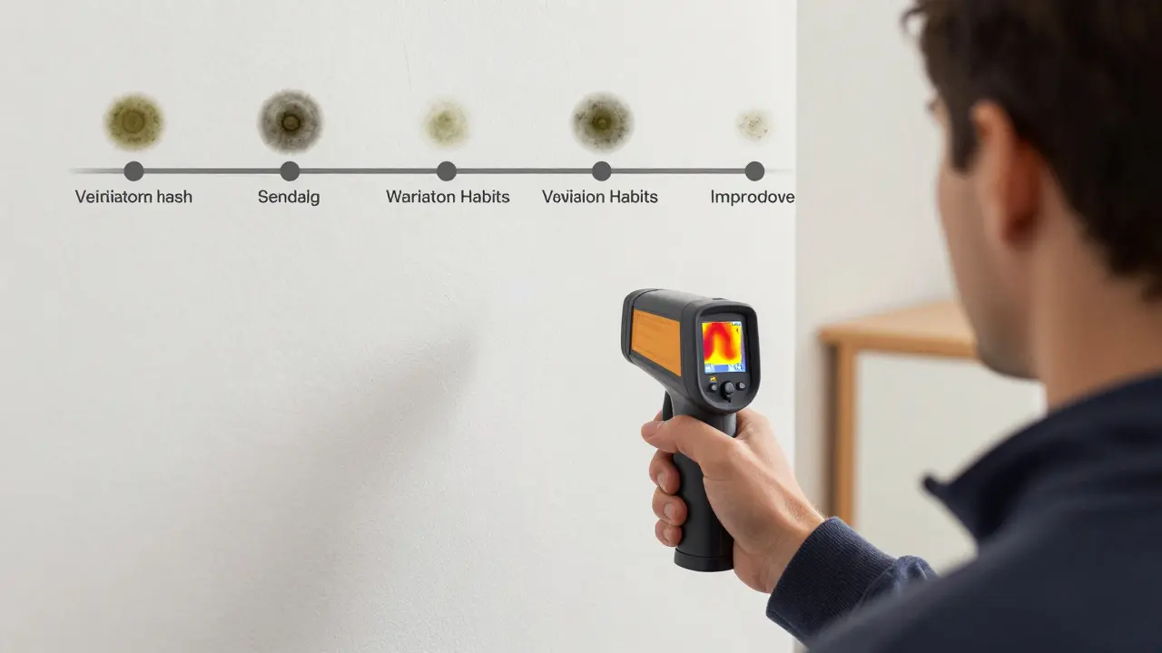 Hausbesitzer mit Infrarotkamera, die Wärmebrücken aufzeigt, während eine schimmelfreie Wand im Hintergrund sichtbar ist.