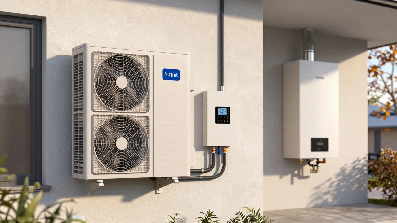 Hybrid-Heizsystem mit Wärmepumpe und Brennwertkessel bei leichtem Schneefall.