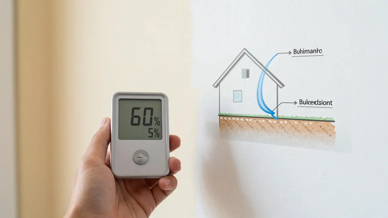 Hygrometer zeigt niedrige Luftfeuchtigkeit an einer trockenen Innenwand vor dem Innenausbau.
