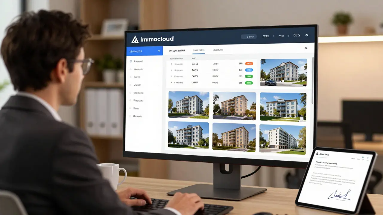Immobilienmanager überwacht digitale Übergabedaten und integrierte Buchhaltung auf einem Monitor.