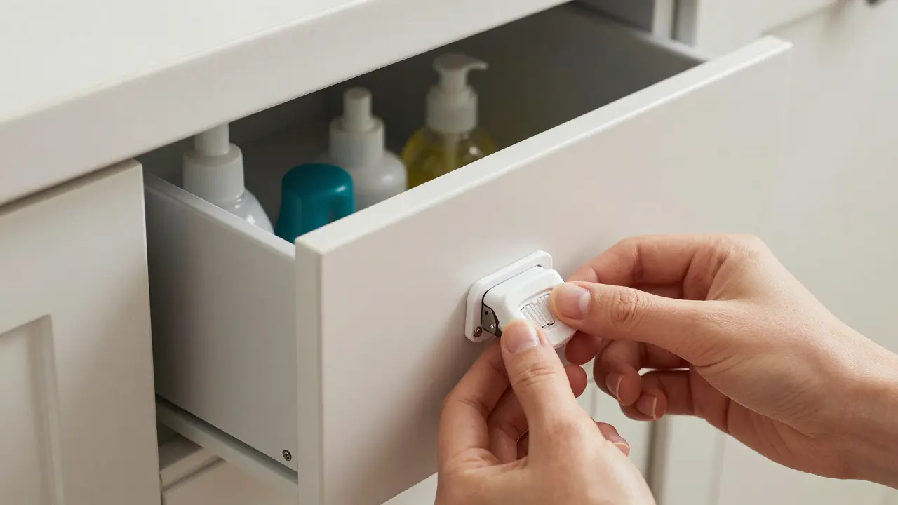 Kindersichere Verriegelungen an Küchenschränken werden von einer erwachsenen Hand geschlossen.