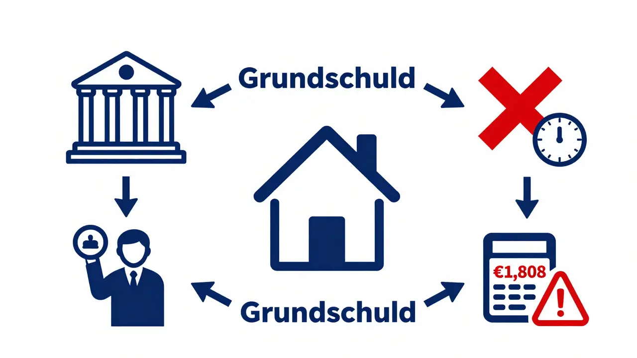 Lebenszyklus der Grundschuld: Kredit, Eintragung und fehlende Löschung nach Tilgung.