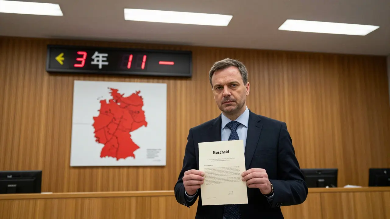 Mann vor Gericht mit Bescheid über Erschließungsbeiträge und laufender Uhr.