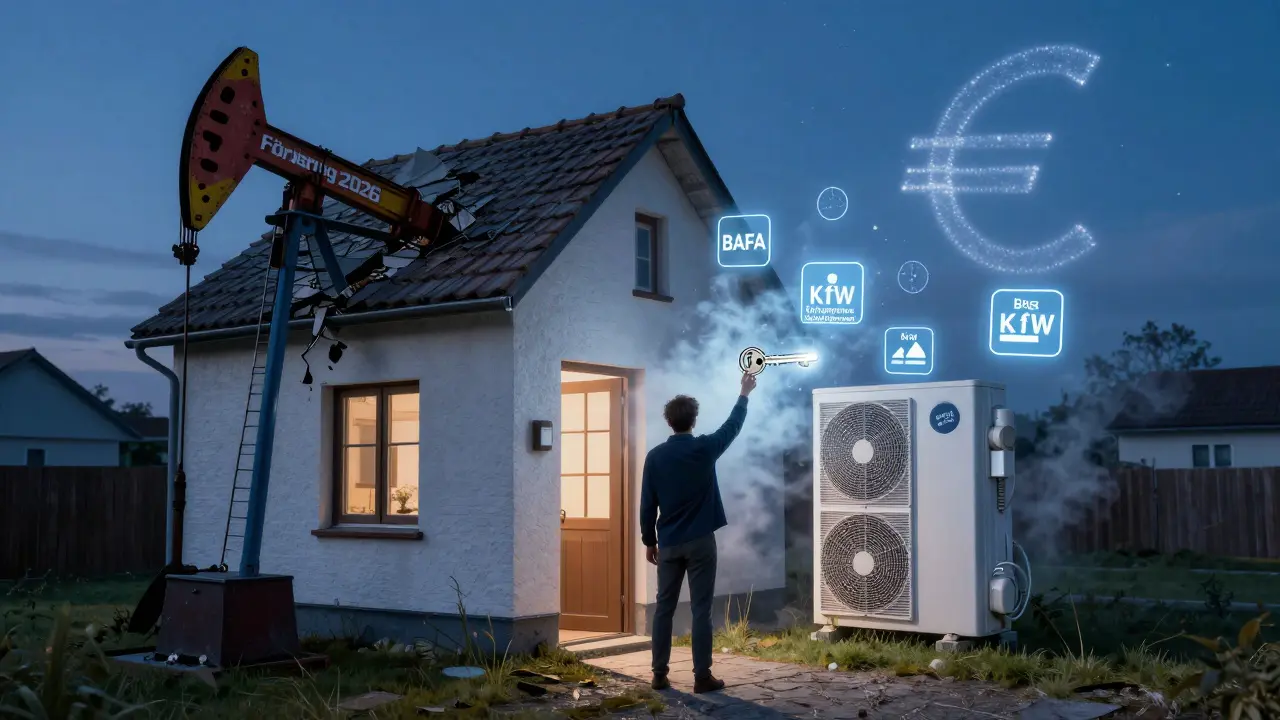 Mensch an Hausportal, alte Heizung vergeht, moderne Wärmepumpe leuchtet mit Förder-Icons in der Luft.