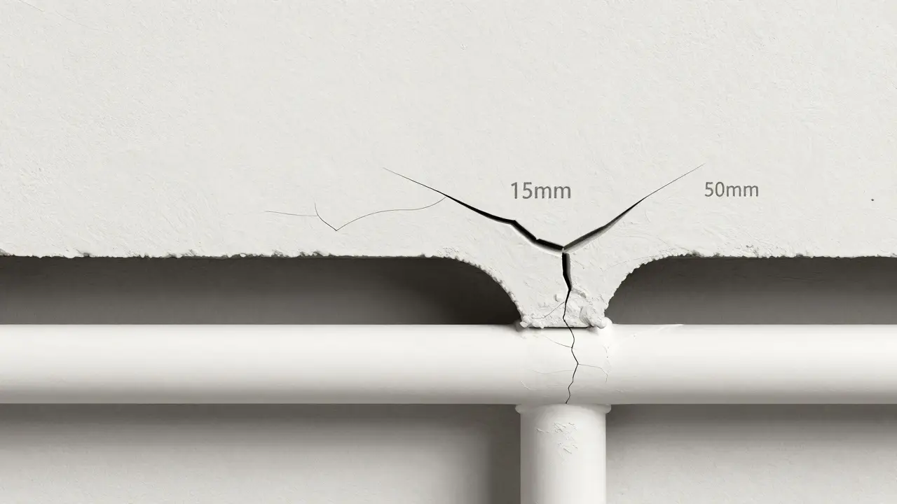 Querschnitt einer Wand mit Unterputz-Rohren und unzureichendem Putz, der Risse zeigt.