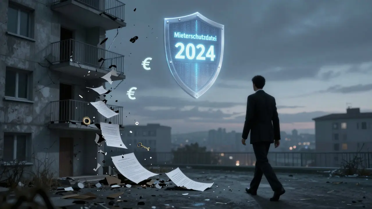 Schattenfigur verlässt Haus, hinterlässt zerrissene Verträge – ein digitaler Schild schützt den nächsten Mieter.