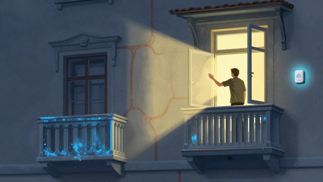 Schnittansicht eines alten Gebäudes mit Wärmebrücken, warmen Luftströmen und einer Person, die stoßweise lüftet.