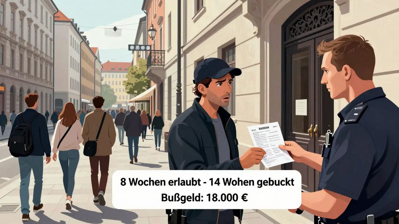 Split scene: tourists in Munich and landlord receiving fine for illegal short-term rental.