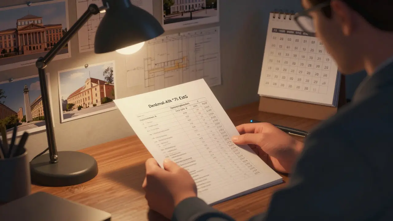Steuerberater prüft Dokumente zur Denkmal-AfA mit historischen Plänen und Abschreibungsrechnungen.