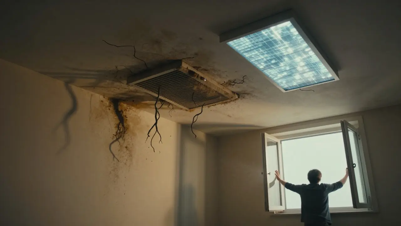 Vergleich von verstopfter Lüftung und futuristischer Kondensationsvermeidungstechnologie am Dach.