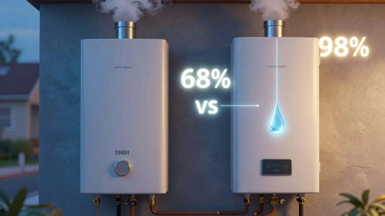 Vergleich zwischen altem Heizkessel mit Wärmeverlust und modernem Brennwertkessel mit Kondensationsgewinn.