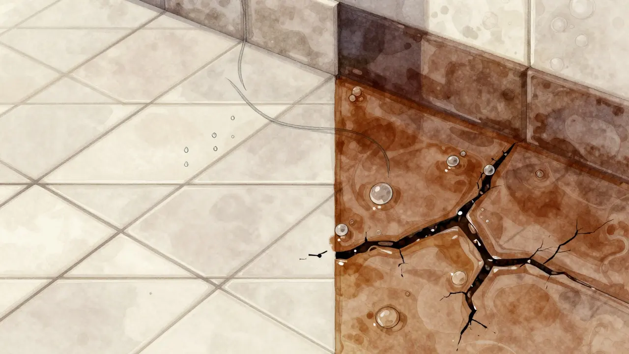 Vergleichsdarstellung: Feuchtigkeit entweicht durch Fugen, während sie unter Epoxidharz Blasen bildet.