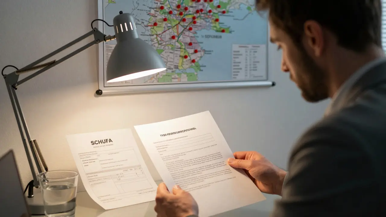 Vermieter prüft gefälschte Unterlagen im Büro unter Lampe.