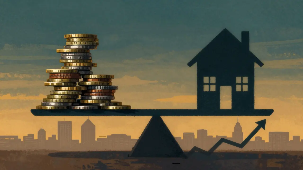 Waage mit Geld und Haus, steigende Zinspfeile im Hintergrund