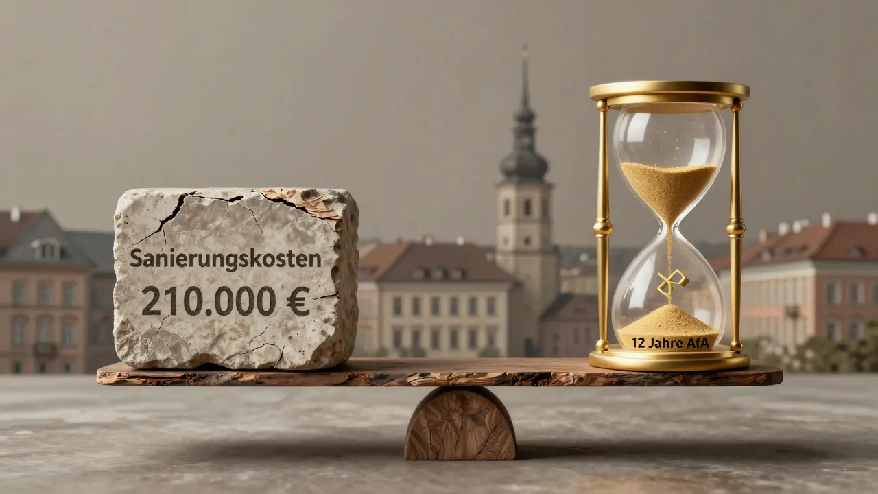 Waage mit Sanierungskosten auf einer Seite und einer 12-Jahres-Abschreibung auf der anderen.