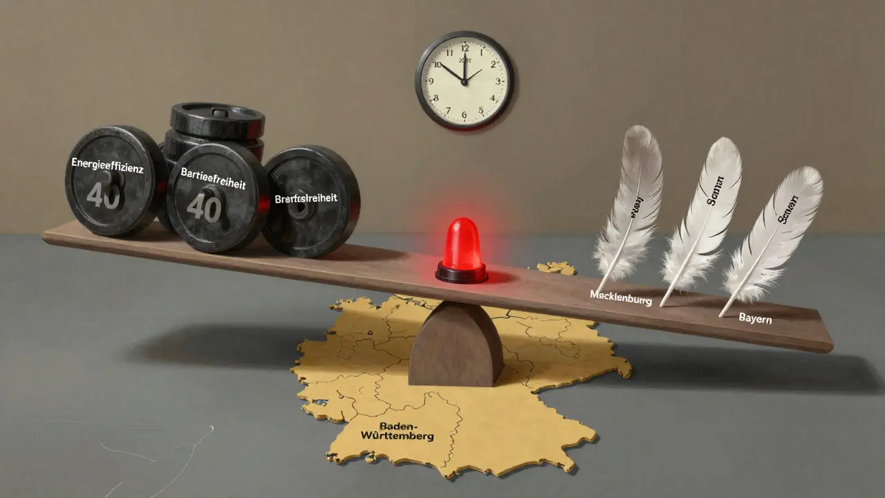 Waage mit schweren Bauvorschriften aus Baden-Württemberg gegen leichte Regelungen aus östlichen Bundesländern, mit 2026-Uhr im Hintergrund.